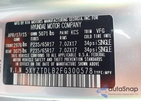 2015 Hyundai Santa Fe Sport 2.4L z USA, uszkodzony, nr VIN 5XYZTDLB2FG300578